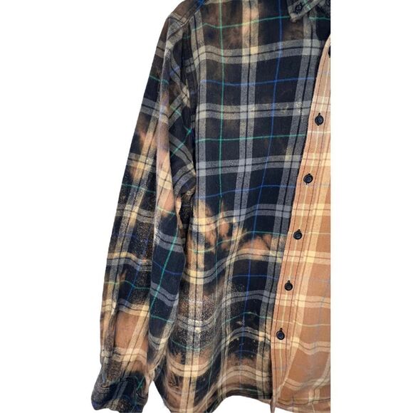Upcycled Bleach Dye Button Up Flannel Shirt With Dinosaur Patch - Picture 2 of 6